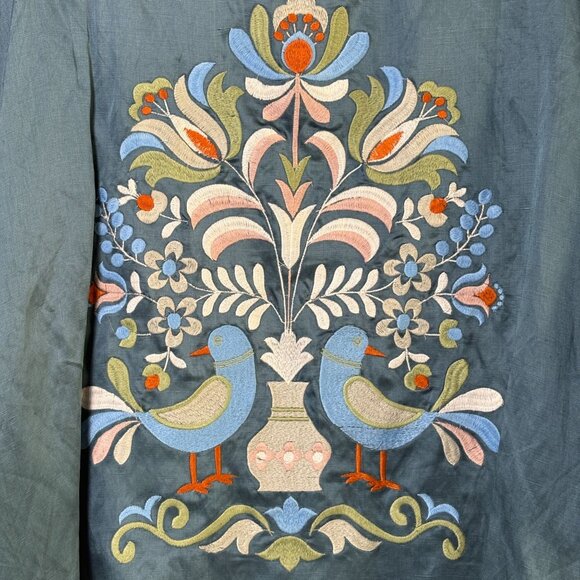 Novica Azure Autumn Floral Embroidered Kimono Jacket Size S M Blue Birds Pockets - Picture 5 of 13